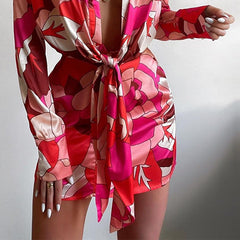 Wear Collared Print Long Sleeve Narrow Shirt Dress