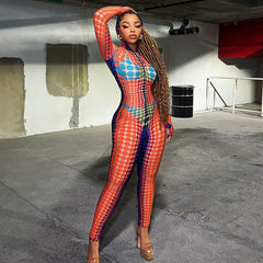 Printed Long Sleeve round Neck High Waist Tight Jumpsuit