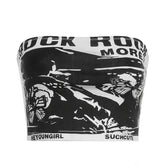 Haut tube noir et blanc à imprimé papillon abstrait, col dénudé, sans bretelles, motif lettre