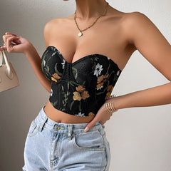 Low Cut Cropped Embroidery Short Top Chest Cotton Steel Ring Vest