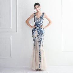Robe longue queue de poisson élégante en maille à paillettes et perles pour réunion annuelle