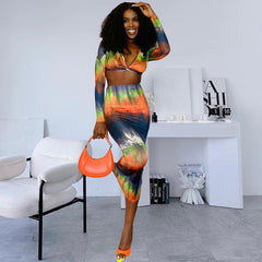 Bandeau-Anzug mit Farbverlauf und langen Ärmeln, Etuirock, zweiteiliger Anzug