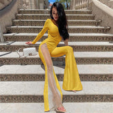 Solid Color Shoulder Mesh Stitching Jumpsuit