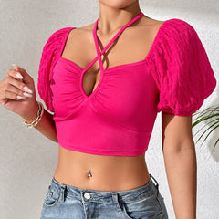 Halter Hollow Out Cutout Backless Tight Short Sleeve Top