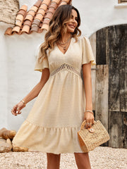 Casual Fresh V neck Solid Color Ruffle Sleeve Dress