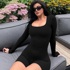 Langarm-Jumpsuit mit U-Kragen, ausgehöhltem Ausschnitt, hoher Taille und Hüftlifting, Sport-Yoga-Overall