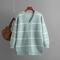 Knitwear Cardigan Plaid Coat Simple Loose Long Sleeves Top
