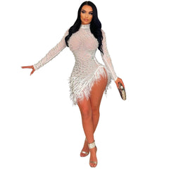 Rhinestone Dress Cutout Tight Dress Mesh Woolen Dress
