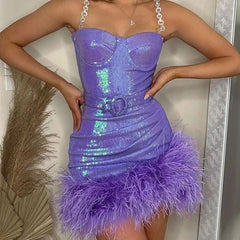 Drill Chain Sequin Sheath Feather Pleated Dress