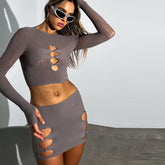 Ensemble d'automne à manches longues et jupe transparente en maille découpée avec strass