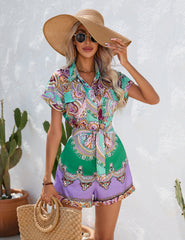 National Printed Short Sleeved Shorts Jumpsuit