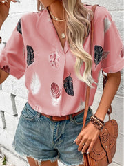 Collared Feather Printed Short Sleeved Top Shirt