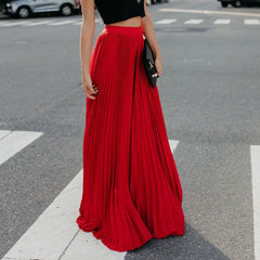 Elegant Pleated Mopping Solid Color Wide Hem Skirt