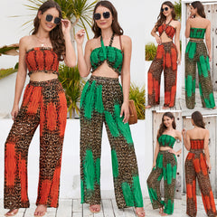 Suit Slim Fit Tube Top Halter Top Printed Wide Leg Pants Casualable Trousers Set