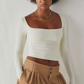 Long Sleeve Solid Color Cropped Square Neck T Shirt Top