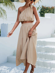 Oblique Shoulder Lace up Vest Slit Midi Skirt Set