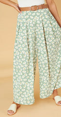 Office Green No Belt Loose Little Daisy Cotton Trousers Mid Waist Wide Leg Pants