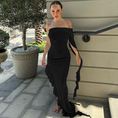Personalized off Shoulder Pleated Solid Color Slim Dress