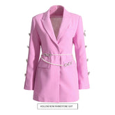 Dignified Hollow Out Cutout Bow Rhinestone Sleeve Pearl Belt Business Dress