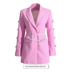 Dignified Hollow Out Cutout Bow Rhinestone Sleeve Pearl Belt Business Dress