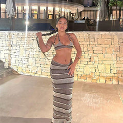 Low Cut Backless Lace up Top High Waist Long Skirt Set