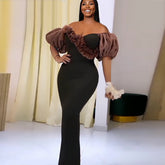 Tube Top Laternenärmel Weihnachtskleid Elegantes Party Cocktailkleid mit hoher Taille