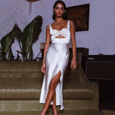 Camisole-Kleid mit hoher Taille, Schnürung, rückenfreies Maxikleid mit Schlitz