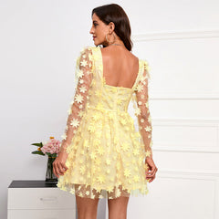 Three Dimensional Printing Chiffon Dress Low Cut Cinched Mesh See Through Dress