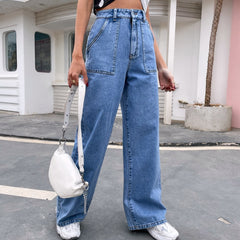 Large Pocket High Waist Casual Straight-Leg Denim Pants