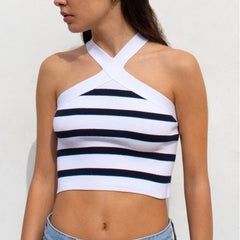 Striped Cross-Halterneck Knitted Base Tube Top Outer Vest