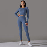 Seamless Knitted Solid Color Hip Long Sleeve Yoga Pants Suit Sports Running Fitness