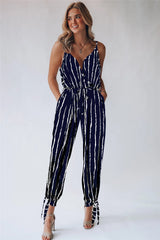 Gestreifter Jumpsuit mit V-Ausschnitt und Schnürung