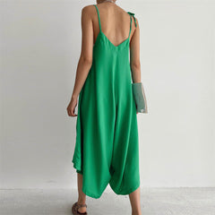 Solid Color Overalls Casual Loose Fitting Wide Leg Trousers Sling Backless Sleeveless Jumpsuit