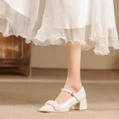 Women's Spring Square Toe Low-cut Thick Pearl Heels