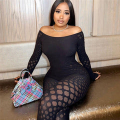 Long Sleeved Knitted See through Slim Fit High Waist One Piece Trousers