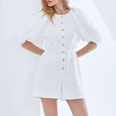 Elegant Slightly Mature Elegant Solid Color Casual Pants High Waist Short Sleeve Puff Sleeve Single Breasted Jumpsuit