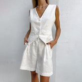 Costume deux pièces en coton et lin, gilet, décontracté, sans manches, débardeur, short