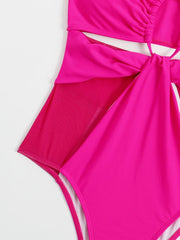Mesh Stitching Rose Red Hollow Out Cutout Siamese Bikini