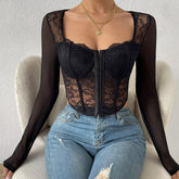 Lace Perspective Mesh Breasted Boning Corset V-neck Top