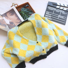 Cardigan court en peluche à motif de losanges rétro de haute qualité