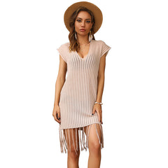 Top Knitted Solid Color V-neck Hollow Out Cutout Tassel Short Sleeve Sun Protective Blouse