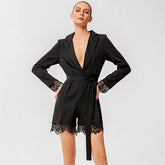 High Waist Short Suit Collared Lace Edge Romper