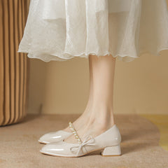 Women's Square Toe Chunky Granny Mid Bow Shallow