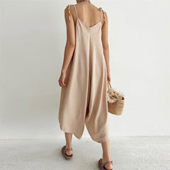Solid Color Overalls Casual Loose Fitting Wide Leg Trousers Sling Backless Sleeveless Jumpsuit