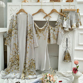Home Wear Einfaches fünfteiliges Pyjama-Set mit kleinen Kirschen und Aufdruck, dünne Robe, Hosenträger-Shorts, Slip-Kleid