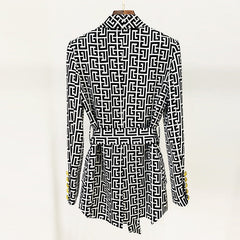 Belt Maze Print Double Breasted Mid Length Green Fruit Collar Blazer