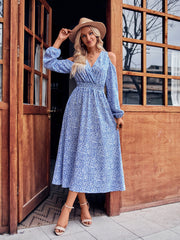 Robe longue décontractée à épaules dénudées et col en V imprimé à manches longues