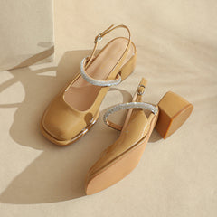 Women's Toe Chunky Mary Jane Rhinestone Belt Heels