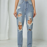 Pantalon droit délavé avec trous cassés, jean taille haute