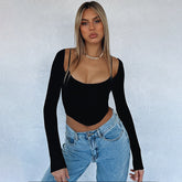 Top Faux Two Piece Waist Long Sleeve Slim Strap Bottoming T shirt